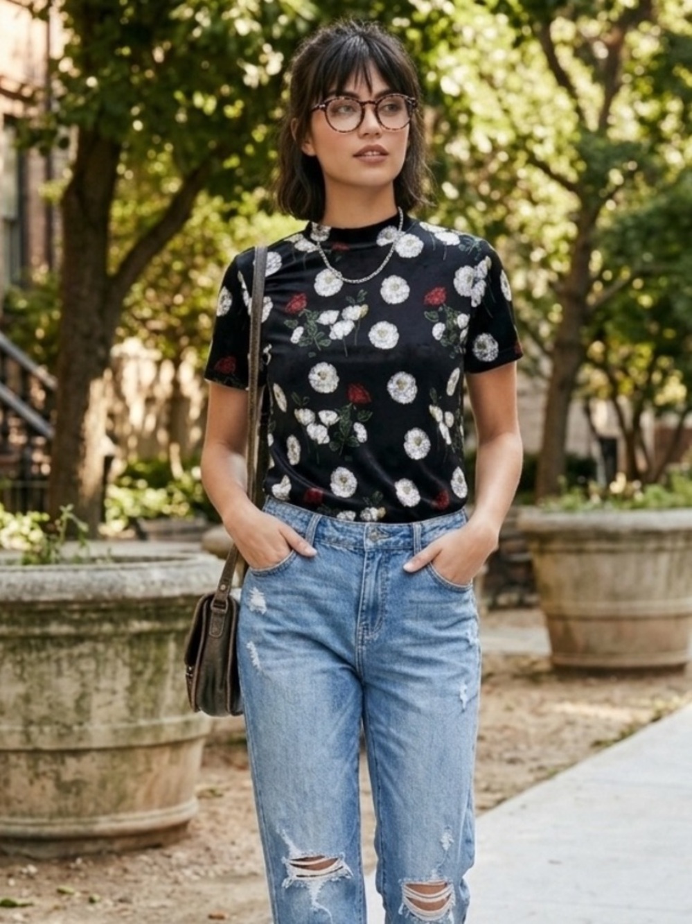 Zara Velour Floral Short Sleeve Mock Neck Large